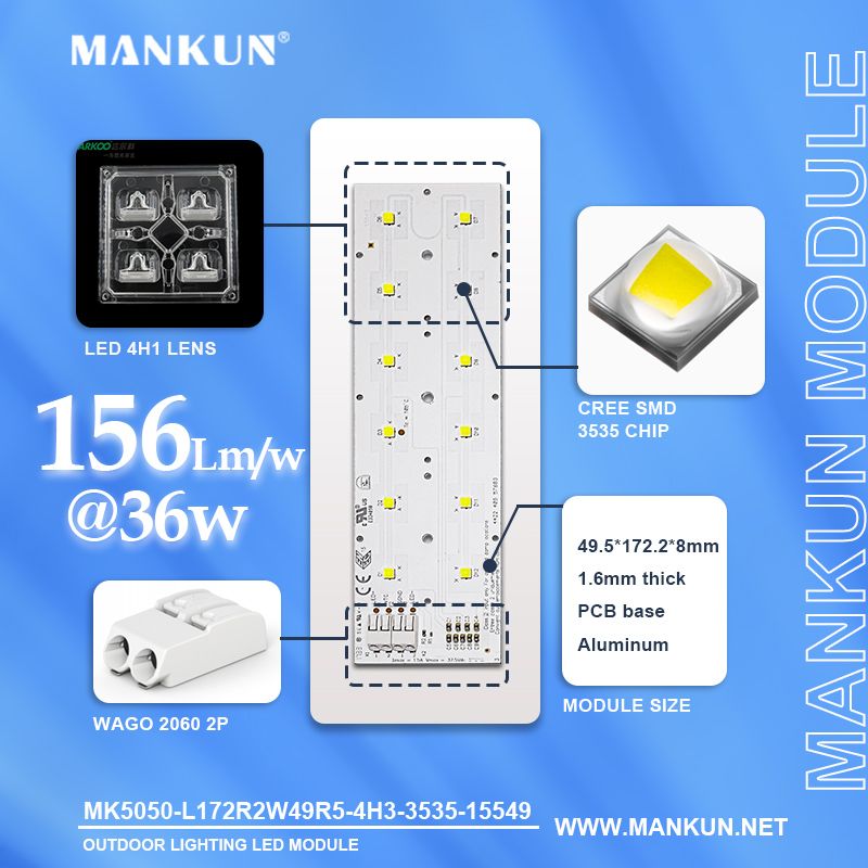 172.2x49.5mm PCB with 2x6 MANKUN 3535 LEDs module for 36V 36W Street Lighting 15549