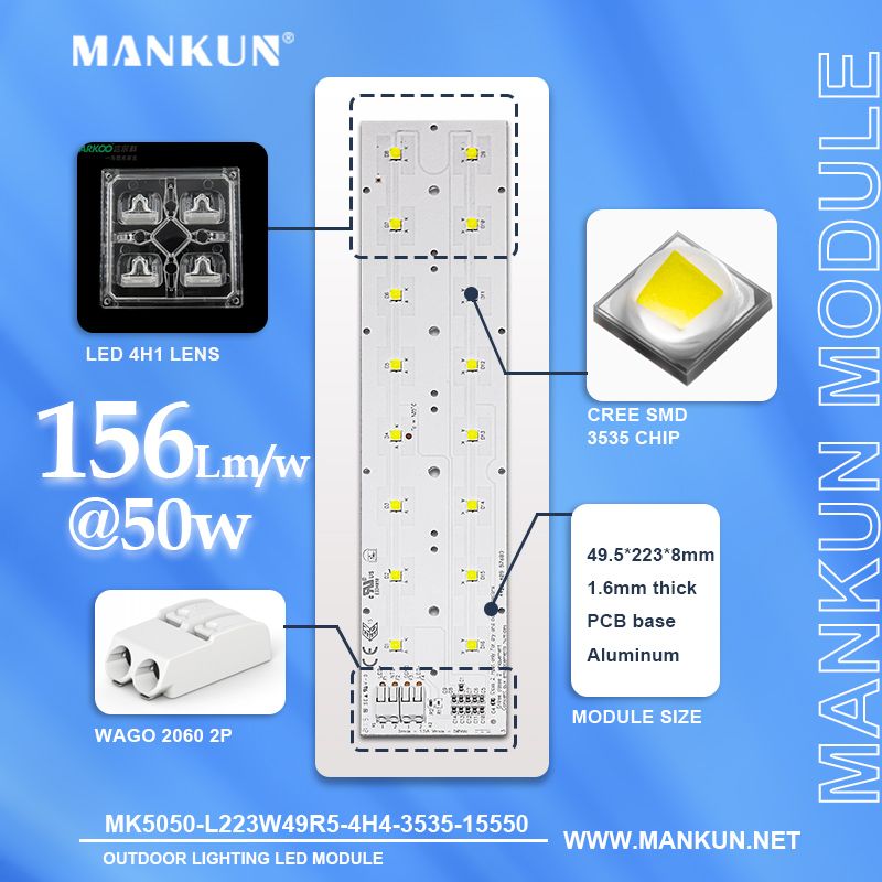 223x49.5mm PCB with 2x8 MANKUN 3535 LED module for DC48V 50W Street Lighting 15550